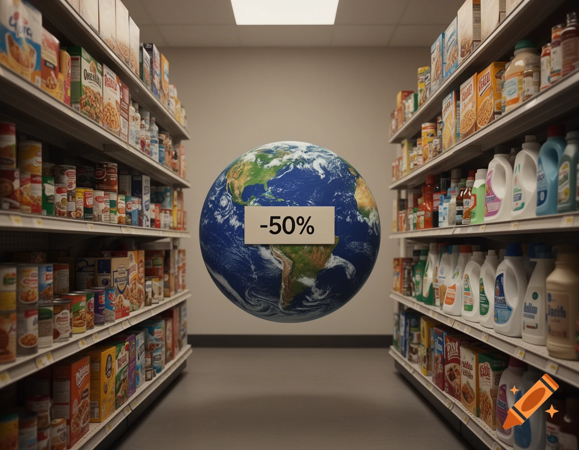 A view down a supermarket aisle with shelves full of groceries, featuring a large globe displaying a '-50%' sign in the center.
