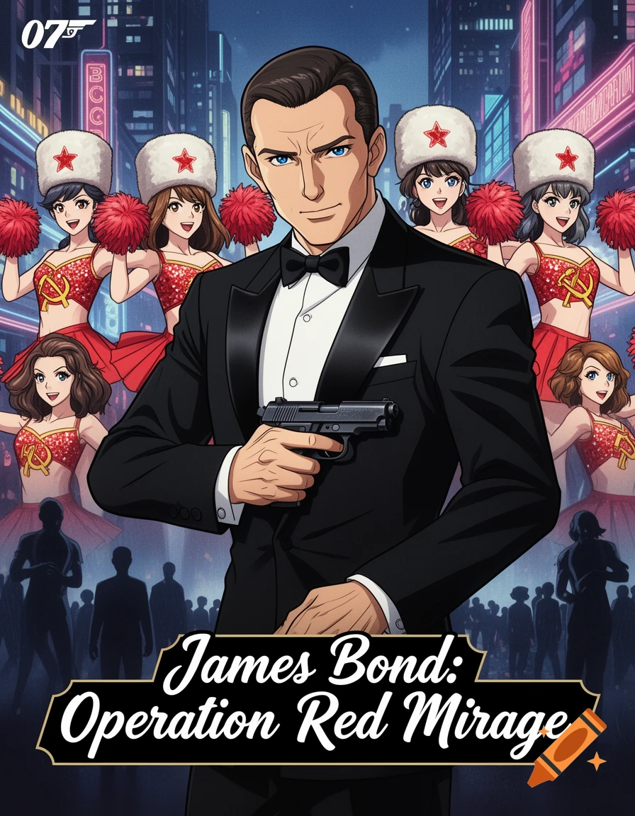 An anime-style movie poster features James Bond in a tuxedo holding a pistol, flanked by Soviet cheerleaders in red outfits, against a neon city skyline. The title "James Bond: Operation Red Mirage" is at the bottom.