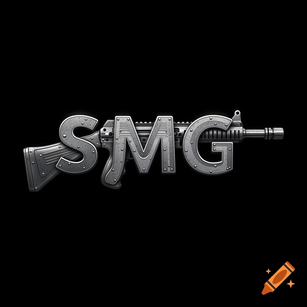 Stylized metallic letters 'SMG' forming a submachine gun on a black background, with visible rivets and texture.
