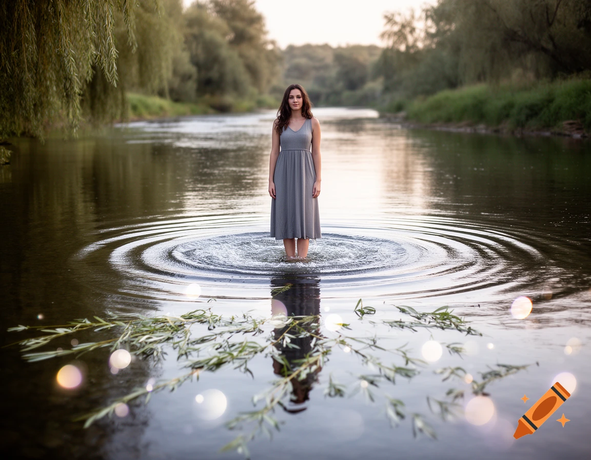 A woman in a gray dress stands barefoot in a calm river, surrounded by water ripples, willow leaves, and bokeh lights.
