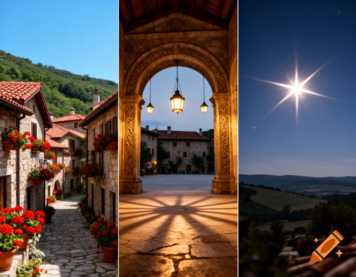A triptych showing a charming village street with red flowers, an illuminated archway at night, and a bright star in a dark sky over hills.