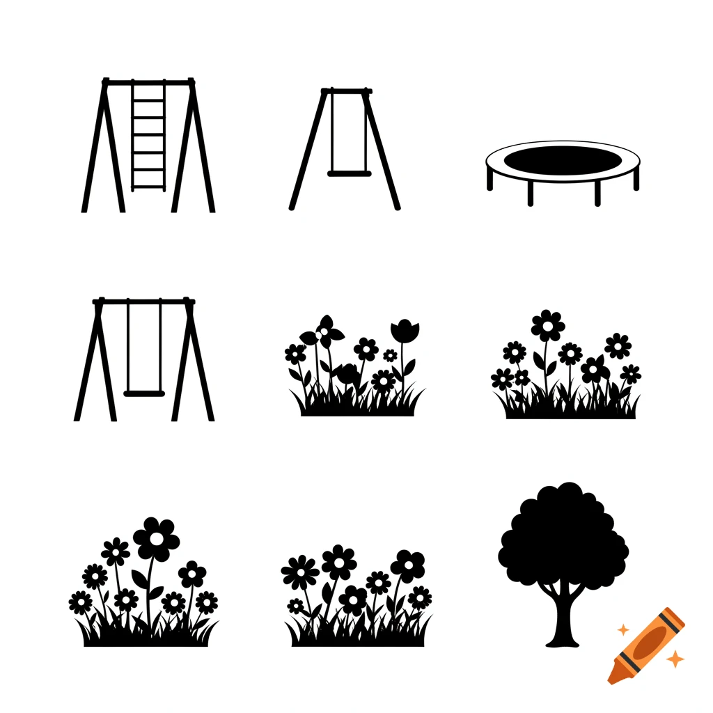 A grid of black and white silhouettes featuring garden and playground symbols like swings, a climbing frame, trampoline, flowers, and a tree.