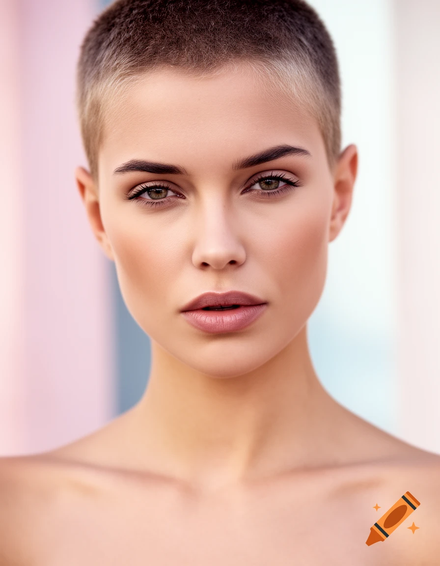 Close-up portrait of a woman with short buzz-cut hair against a soft, colorful background.