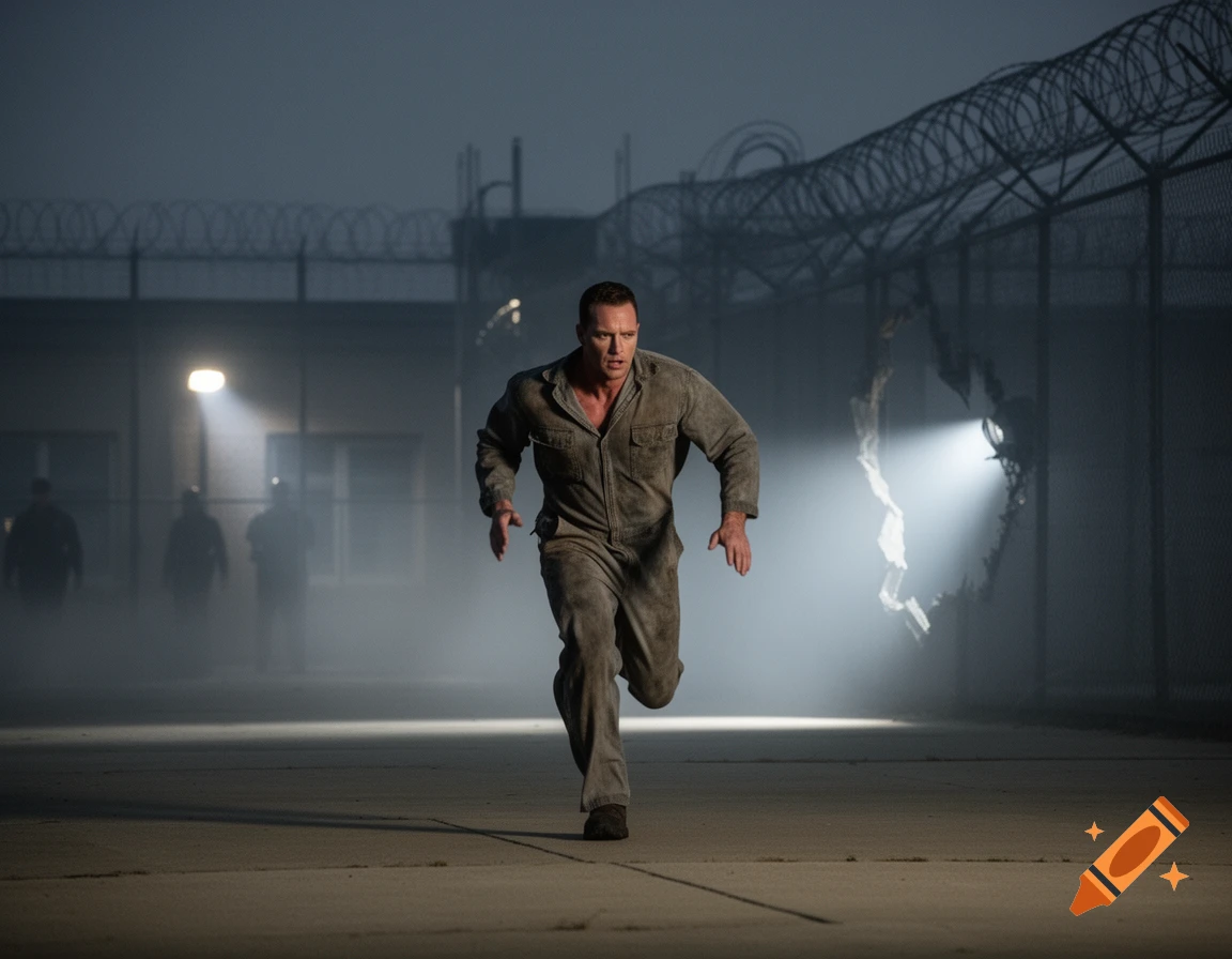 A man in a prison uniform runs through a foggy, floodlit prison yard at night, past barbed wire fences and blurred figures. Photorealistic.
