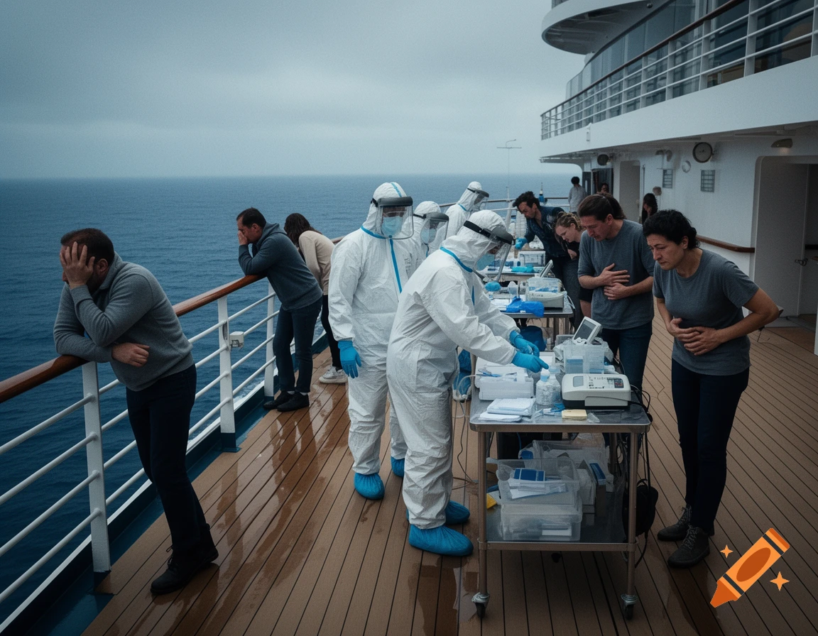 People in hazmat suits attend to distressed passengers on the deck of a cruise ship under a cloudy sky, depicting a medical emergency.