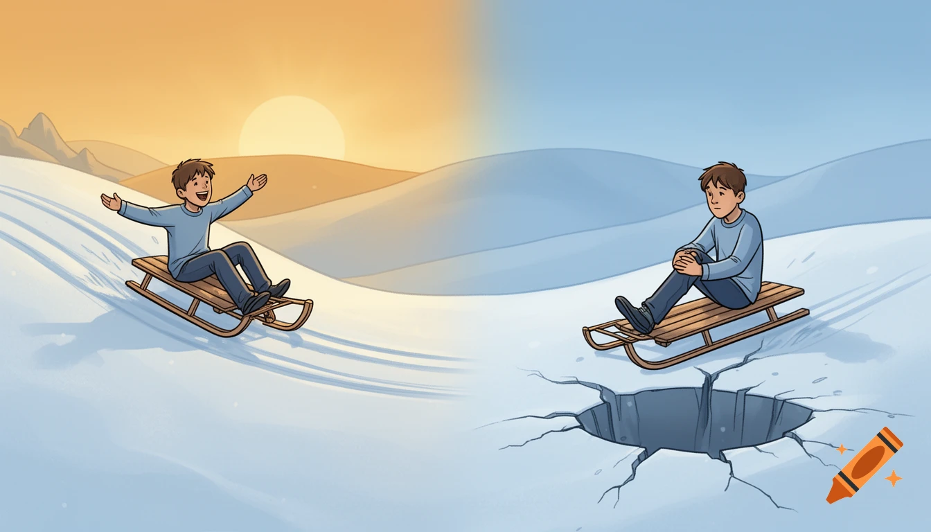 Cartoon of a boy sledding on a snowy hill, split into a joyful golden-lit side and a sad blue-lit side with a hole.