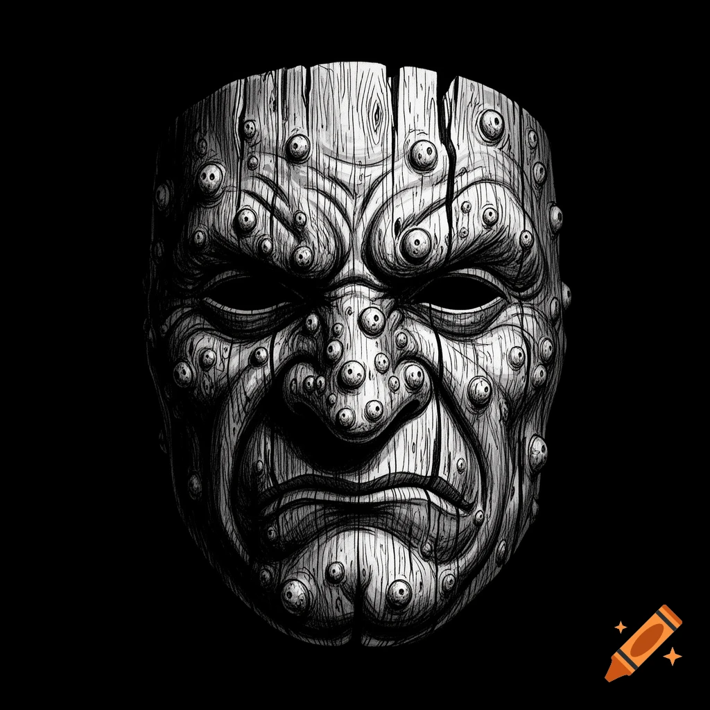 Black and white illustration of a grotesque, textured wooden mask with a scowling face and many eye-like bumps on a dark background.