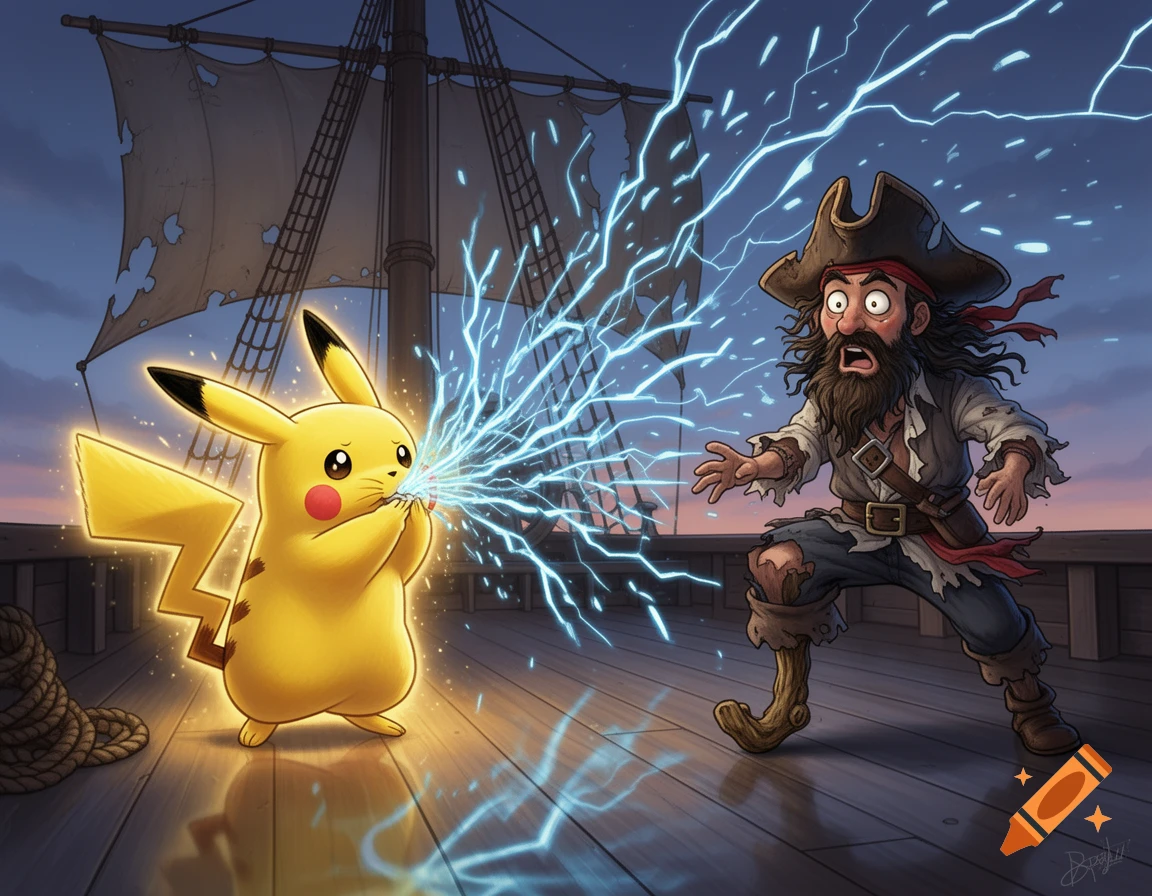 A cartoon Pikachu shoots electricity from its mouth at a terrified pirate with a wooden leg on the deck of a sailing ship at dusk.