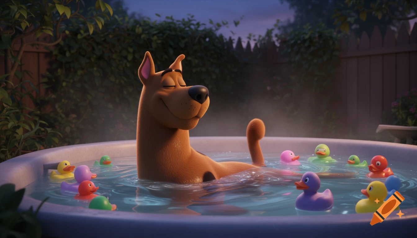 Scooby-Doo relaxing in a hot tub bath surrounded by colorful rubber ducks in 3D animation style.