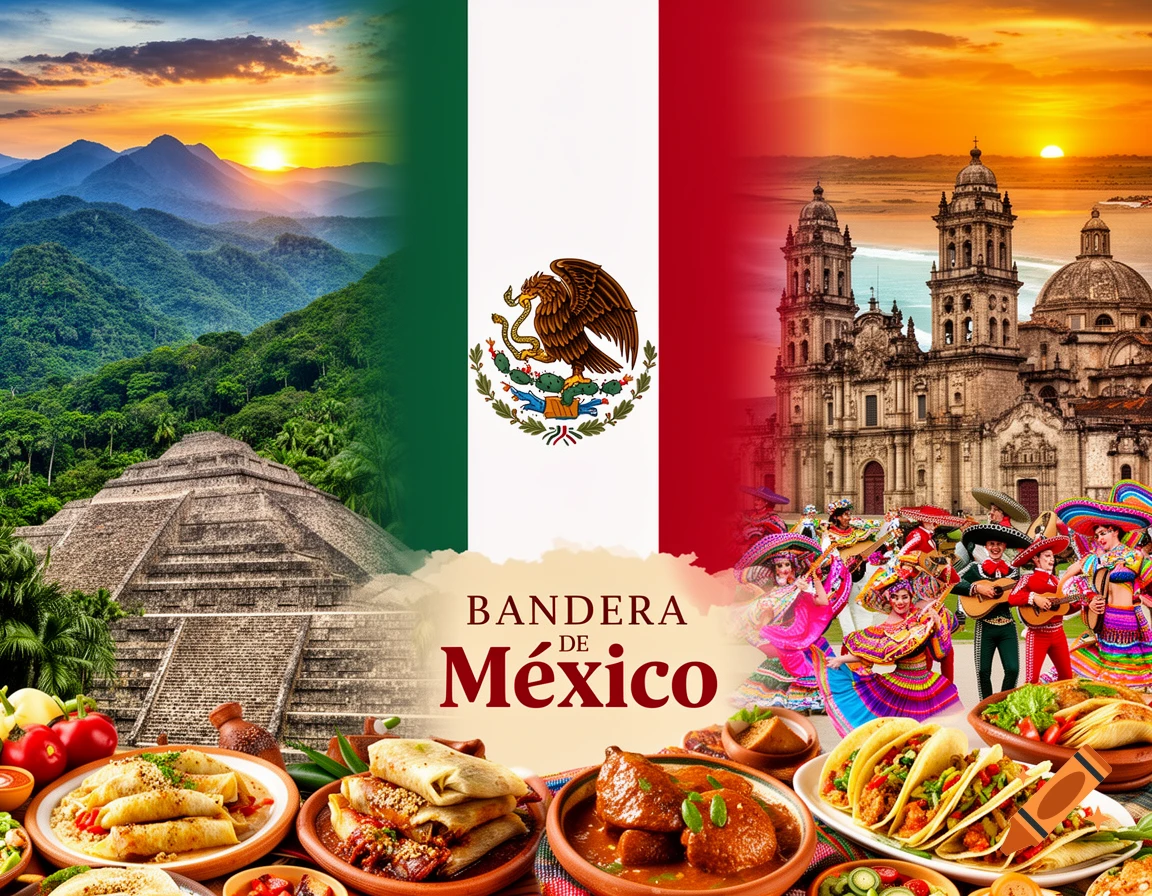 Vibrant collage of Mexico with its flag, mountains, pyramid, church, traditional dancers, and Mexican cuisine.