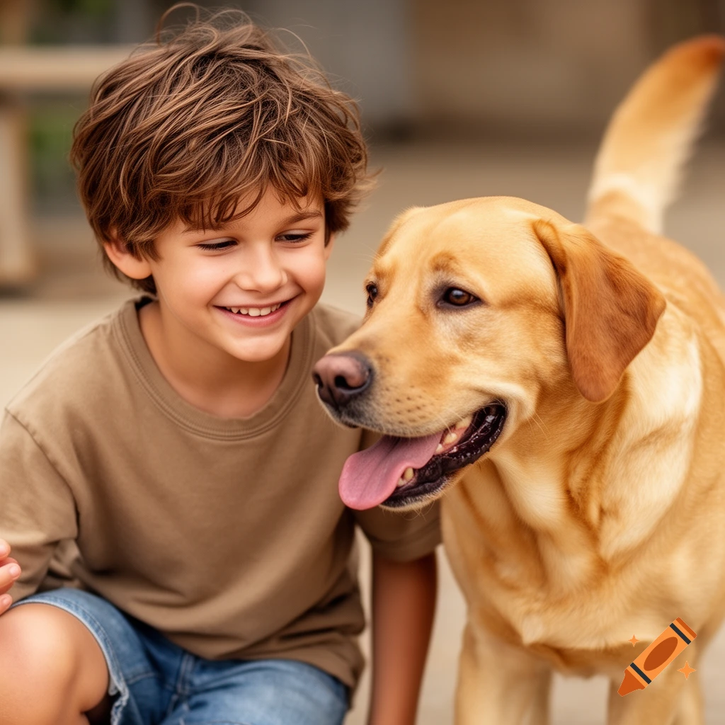 A young boy with brown curly hair smiles brightly while looking at a golden retriever with its tongue out. Photorealistic style.
