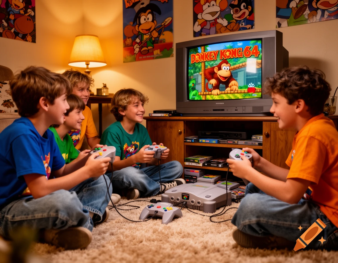 Four boys happily play Donkey Kong 64 on a Nintendo 64 console connected to a CRT TV in a 90s-style room.
