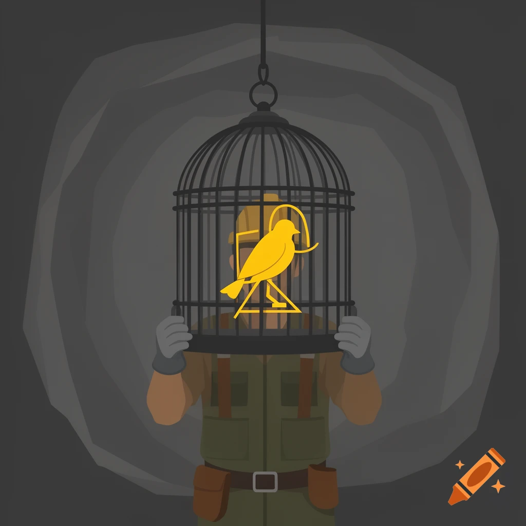 A stylized illustration of a person in a miner's outfit holding a birdcage containing a yellow bird-like icon, in a dark mine.