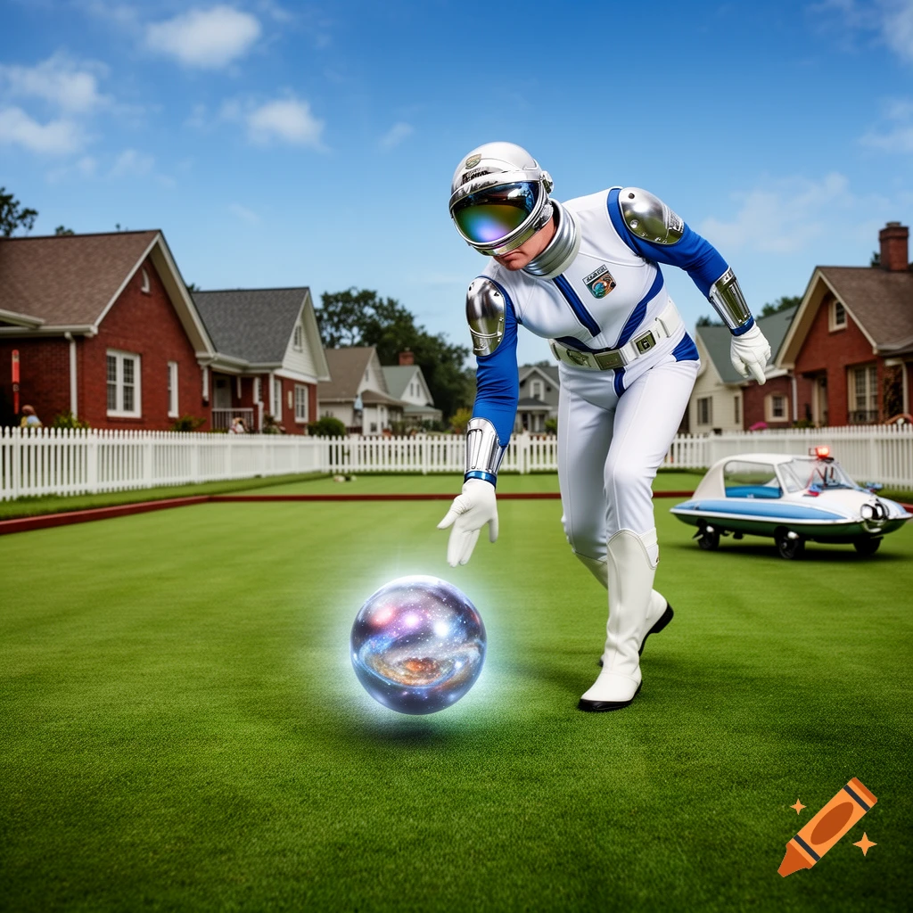 A person in a white and blue futuristic spacesuit plays lawn bowling with a glowing cosmic sphere in a suburban backyard, with a small futuristic car nearby.