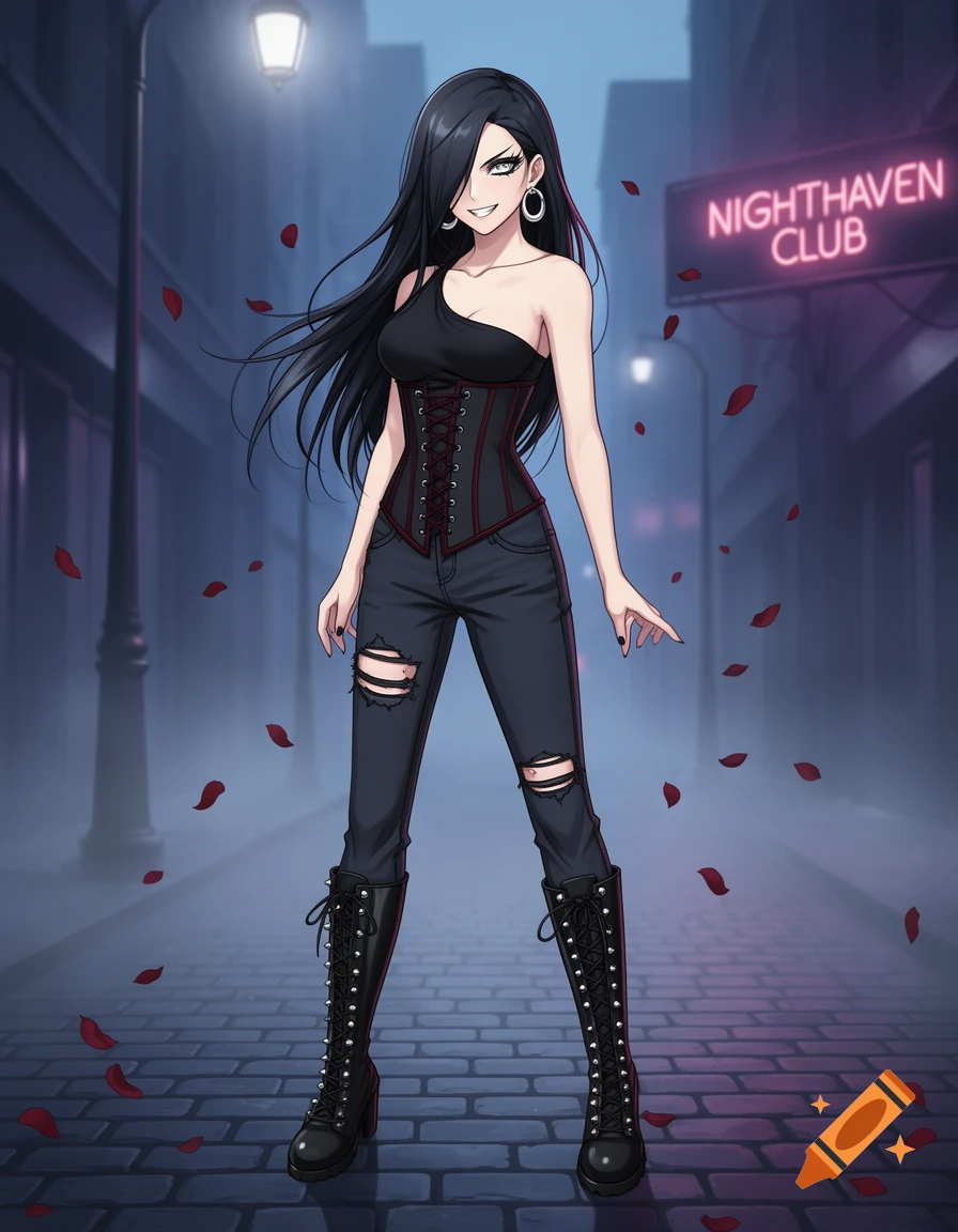 Anime goth girl in a black one-shoulder top, red-laced corset, ripped jeans, and knee-high boots, standing on a cobblestone street at night with falling red rose petals and a neon "NIGHTHAVEN CLUB" sign.
