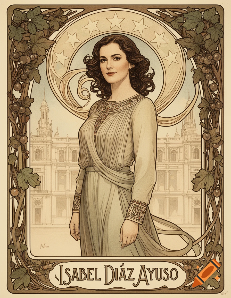 Art Nouveau style portrait of a woman, Isabel Díaz Ayuso, in a flowing dress, surrounded by a botanical frame and architecture.