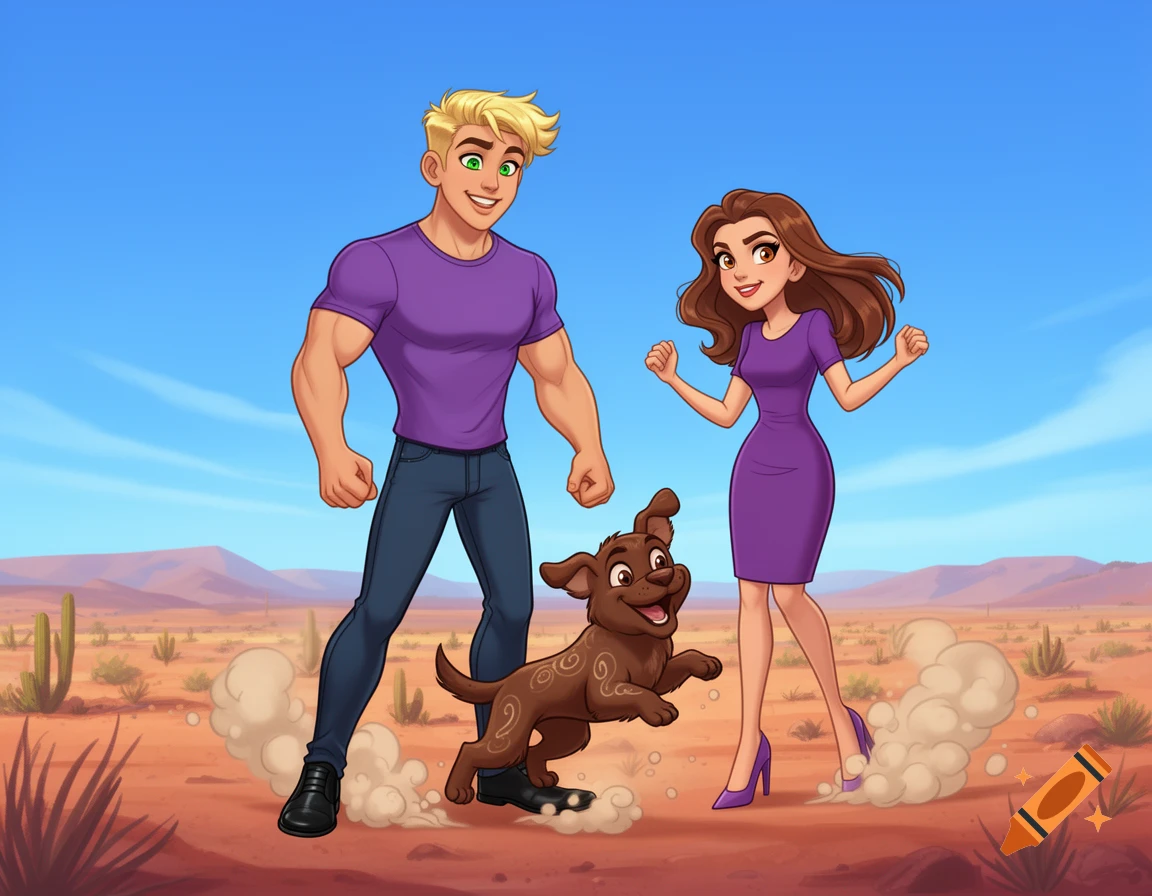 Cartoon of a muscular blonde boy, brown-haired girl, and a chocolate dog playing in a desert landscape.