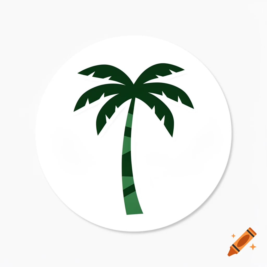 A simple green palm tree illustration inside a white circular sticker.