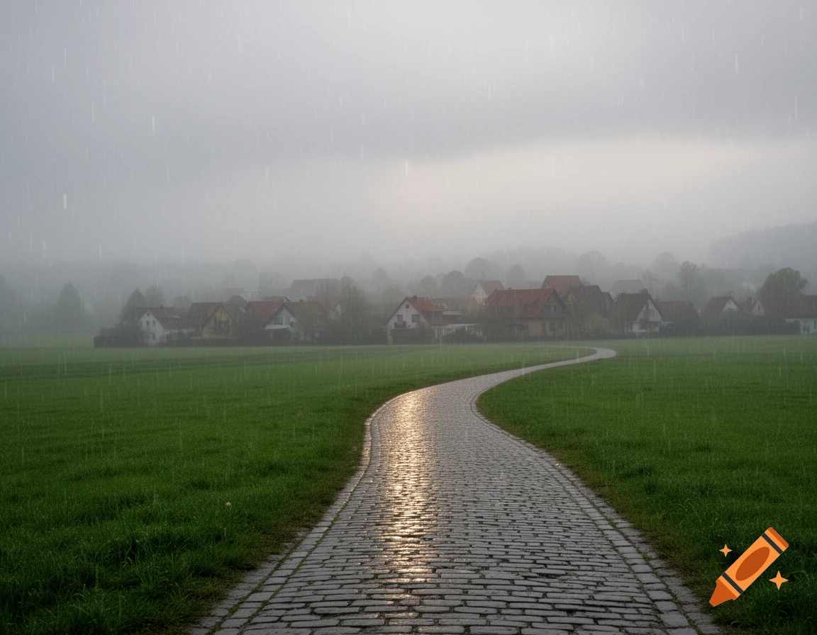 A curving wet cobblestone path leads through a green field towards a misty village under a rainy, grey sky.