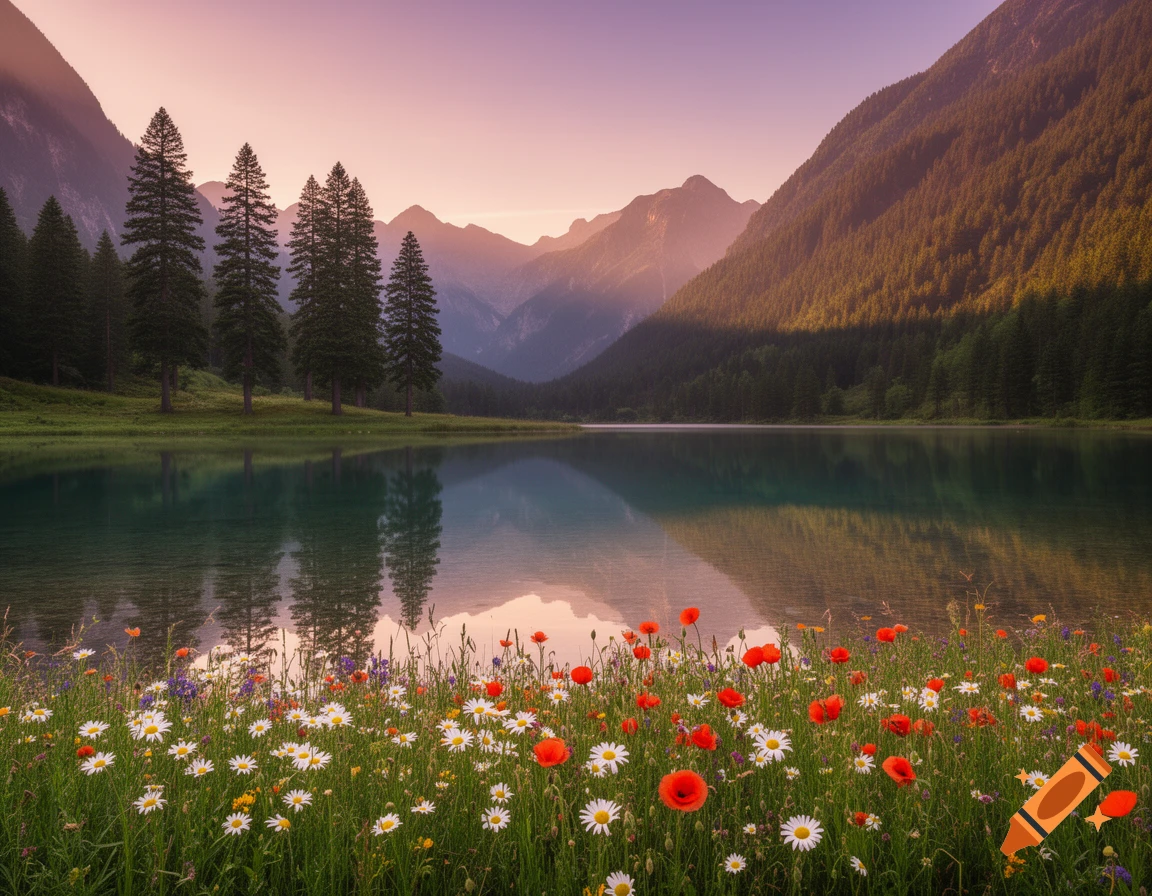 Serene mountain lake reflecting pine trees and a pink sky, with a vibrant meadow of red poppies and white daisies in the foreground.
