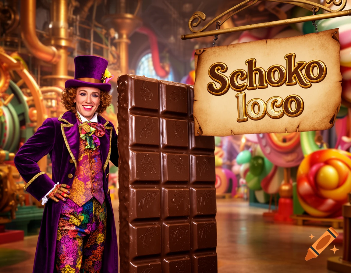 A person in a purple Willy Wonka-like outfit stands next to a giant chocolate bar in a candy factory, under a sign saying "Schoko loco".
