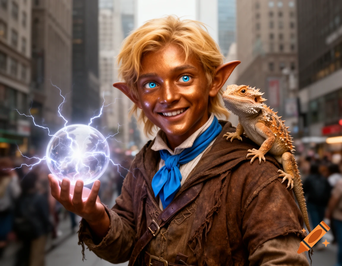 A bronze-skinned character with pointed ears holds a glowing orb, a horned lizard on his shoulder, smiling in a city street.
