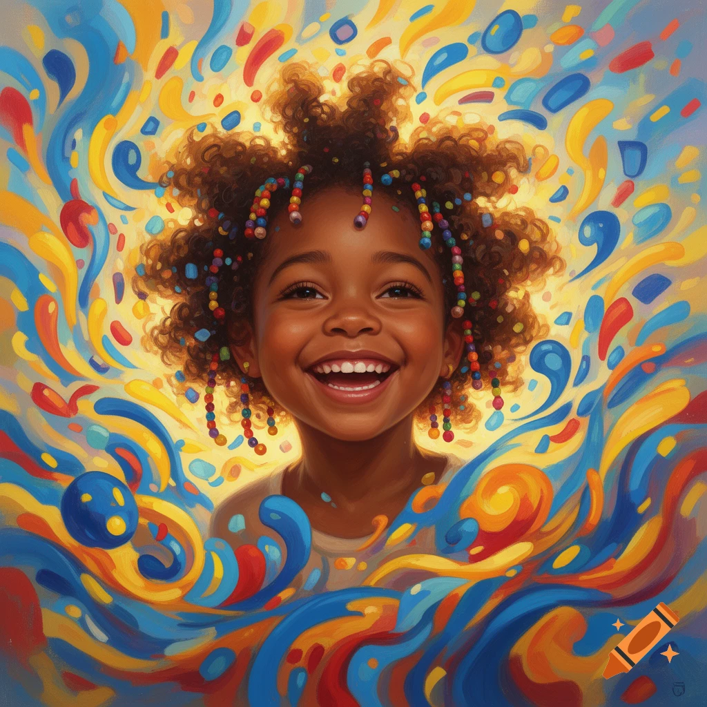 A joyful Black girl with beaded braids smiles broadly against a vibrant, swirling background of blue, yellow, and red colors in a painterly style.