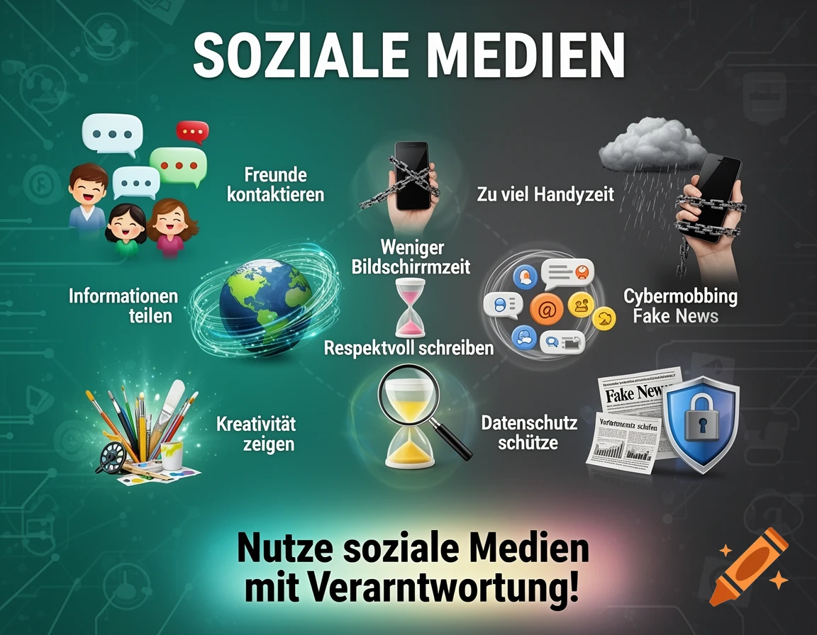 A social media infographic showing benefits, problems, and responsible use, with icons for friends, world, paint brushes, chained phone, rain cloud, social app icons, hourglass, magnifying glass, newspaper, and shield.