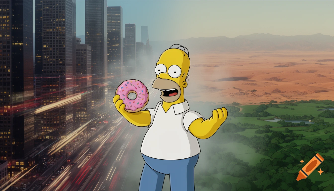 Homer Simpson holding a pink donut against a split background of a busy city at night and a vast desert with green fields.