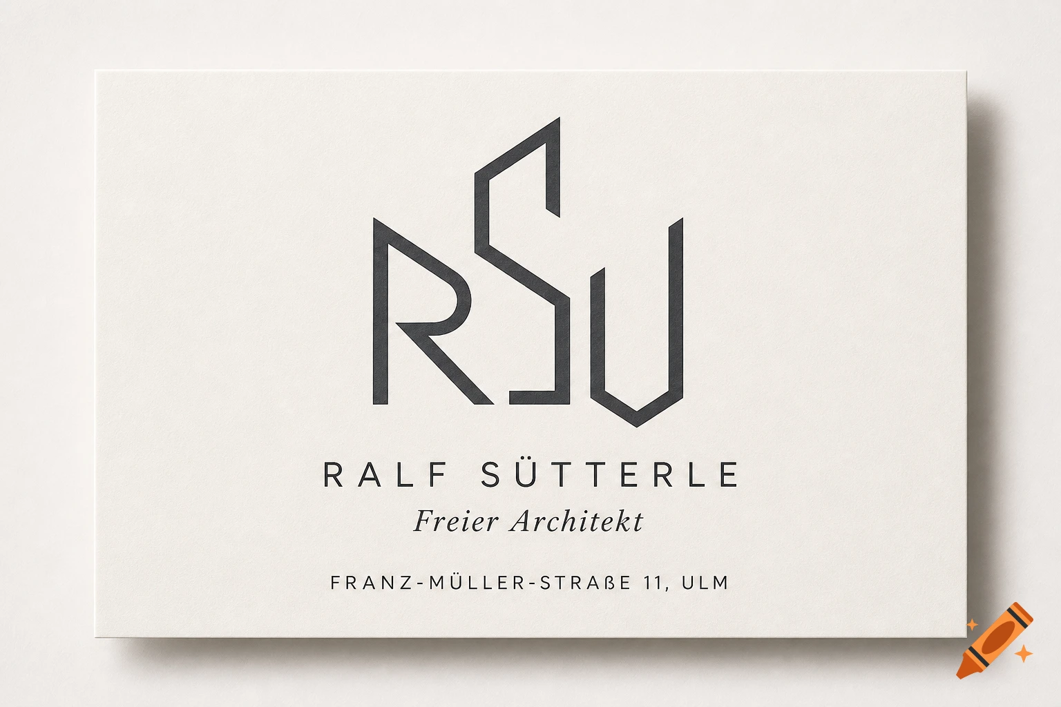 Minimalist business card for architect Ralf Sütterle with an 'RSU' initial logo on textured white cardstock.
