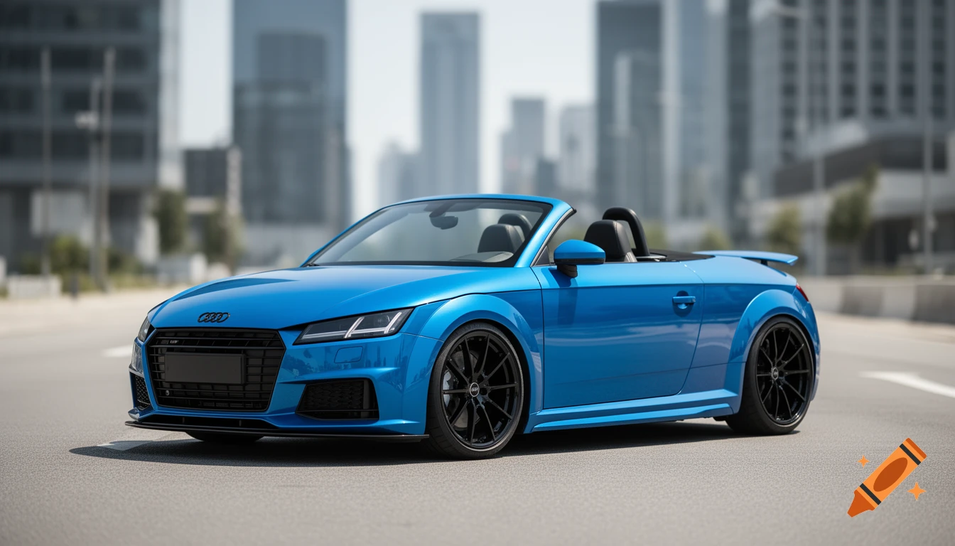 A bright blue Audi TT Roadster convertible with black wheels parked on a street with city buildings in the background.