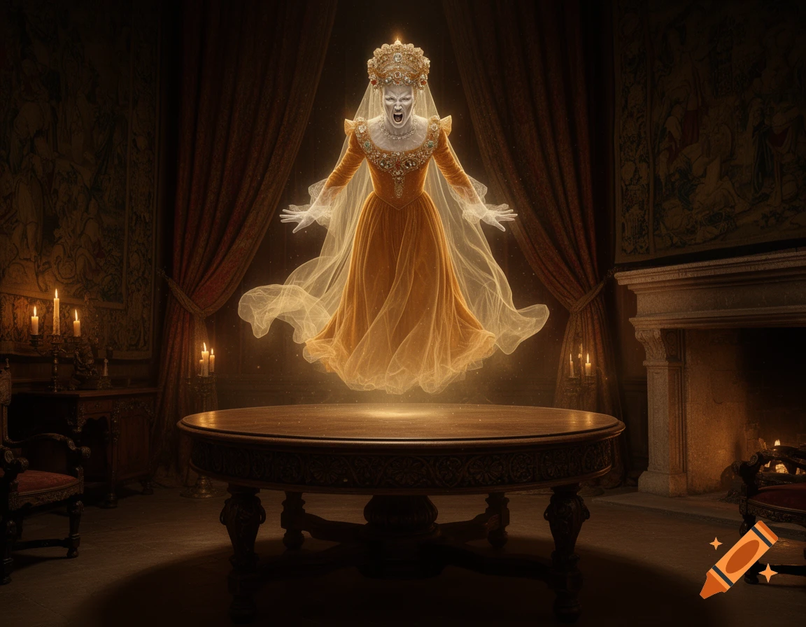 A screaming transparent ghost of a noblewoman in an amber gown floats above a seance table in a dark, candlelit medieval chateau.
