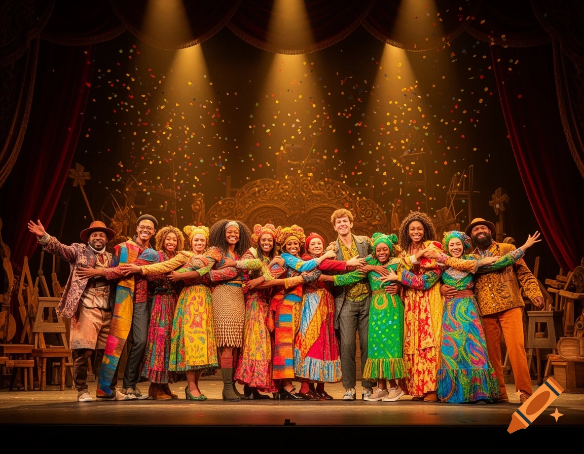 A diverse group of people in colorful, patterned costumes smiling and embracing on a theatrical stage under spotlights with falling confetti.
