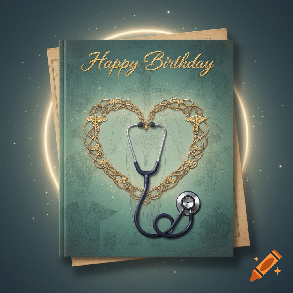 A green birthday card with 'Happy Birthday' in gold, a stethoscope forming a heart, and medical symbols on an anatomical background.
