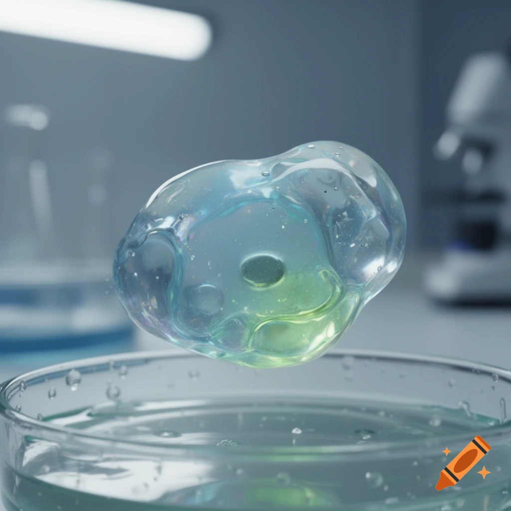 A glowing, iridescent, translucent blob-like unicellular organism floats above a petri dish in a laboratory.