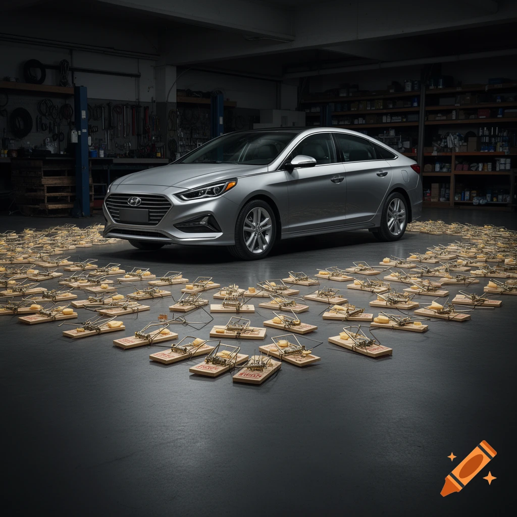 Photorealistic silver Hyundai sedan in a dark garage, surrounded by dozens of set mouse traps with cheese.