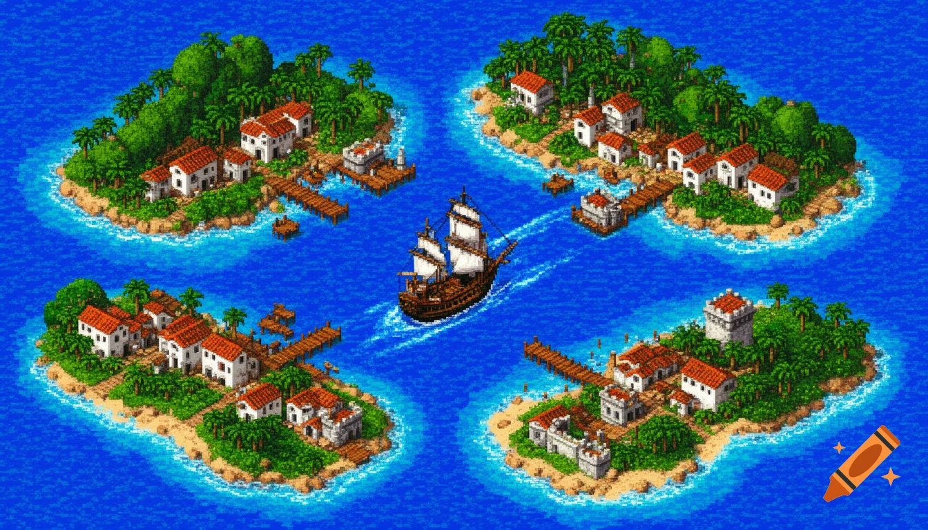 Isometric 16-bit retro pixel art world map featuring a pirate ship sailing between tropical islands with port towns and forts.