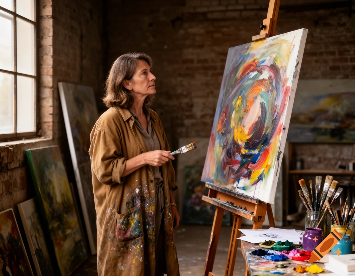 An older woman with paint-splattered clothes holds a brush, looking intently at a vibrant abstract painting on an easel in a rustic art studio.