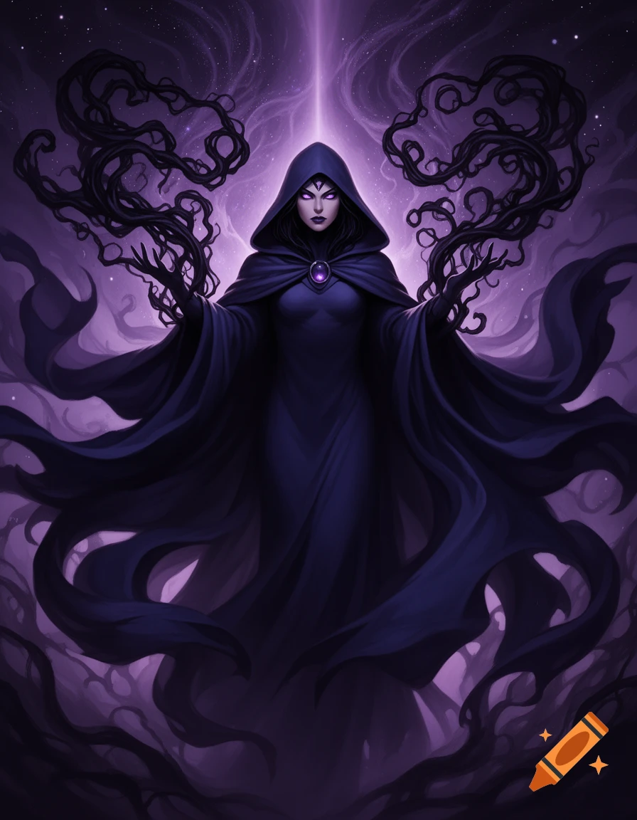 A hooded woman with glowing purple eyes, in a dark cloak, dark tendrils from her hands, against a cosmic purple background. Fantasy art.
