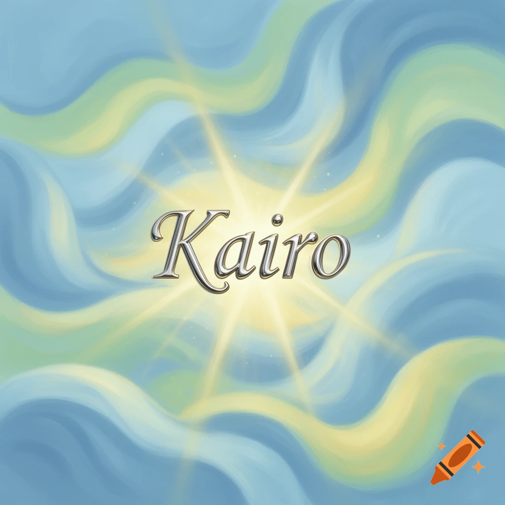 Metallic 'Kairo' text glows over a background of blue and yellow abstract wavy patterns.