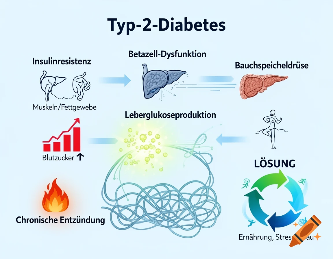 Infographic illustrating Type 2 Diabetes, showing insulin resistance, beta-cell dysfunction, liver glucose production, chronic inflammation, and solutions like nutrition and stress reduction.