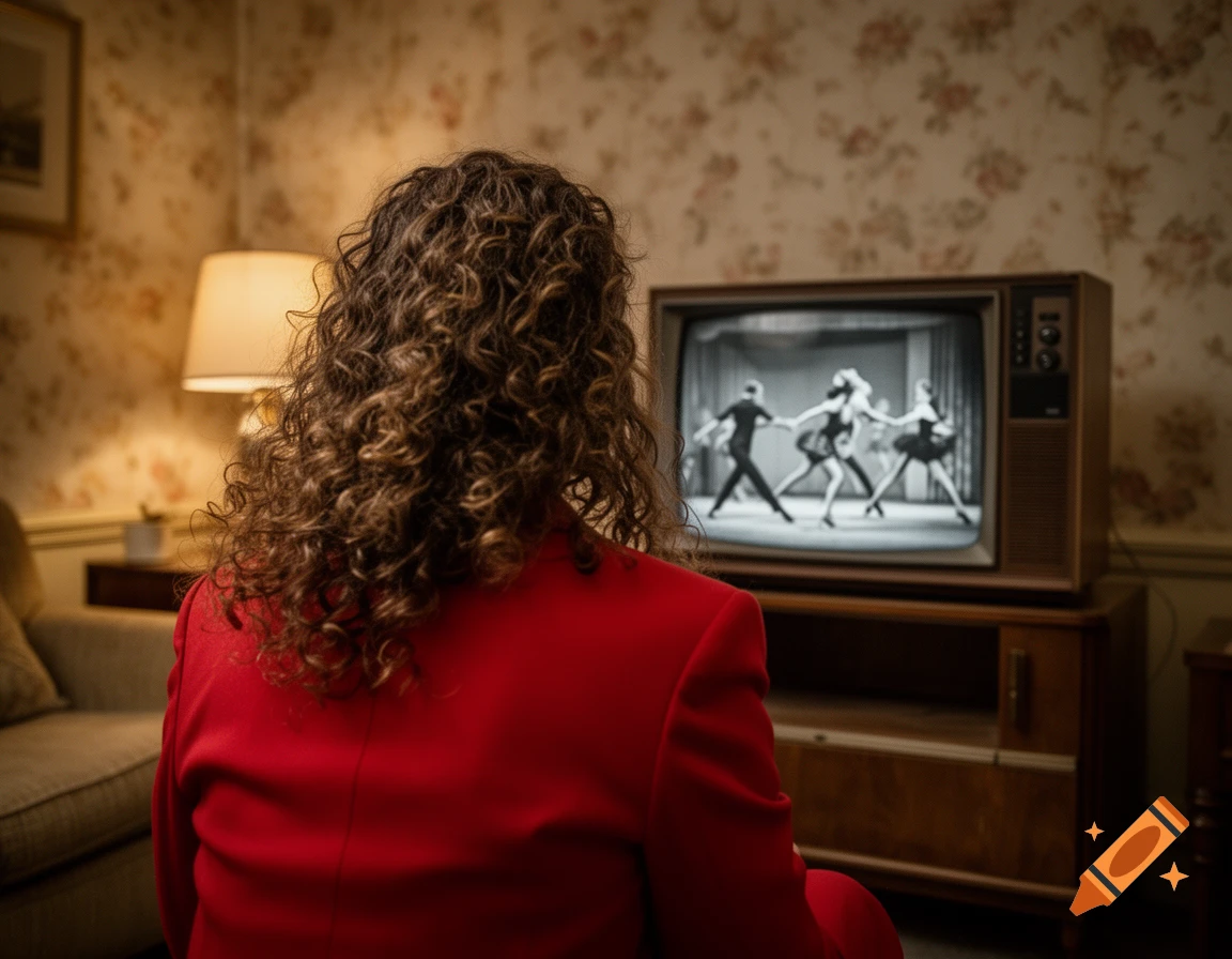 Rear view of a person with curly hair and a red jacket watching a vintage TV showing black and white dancers in a softly lit room.