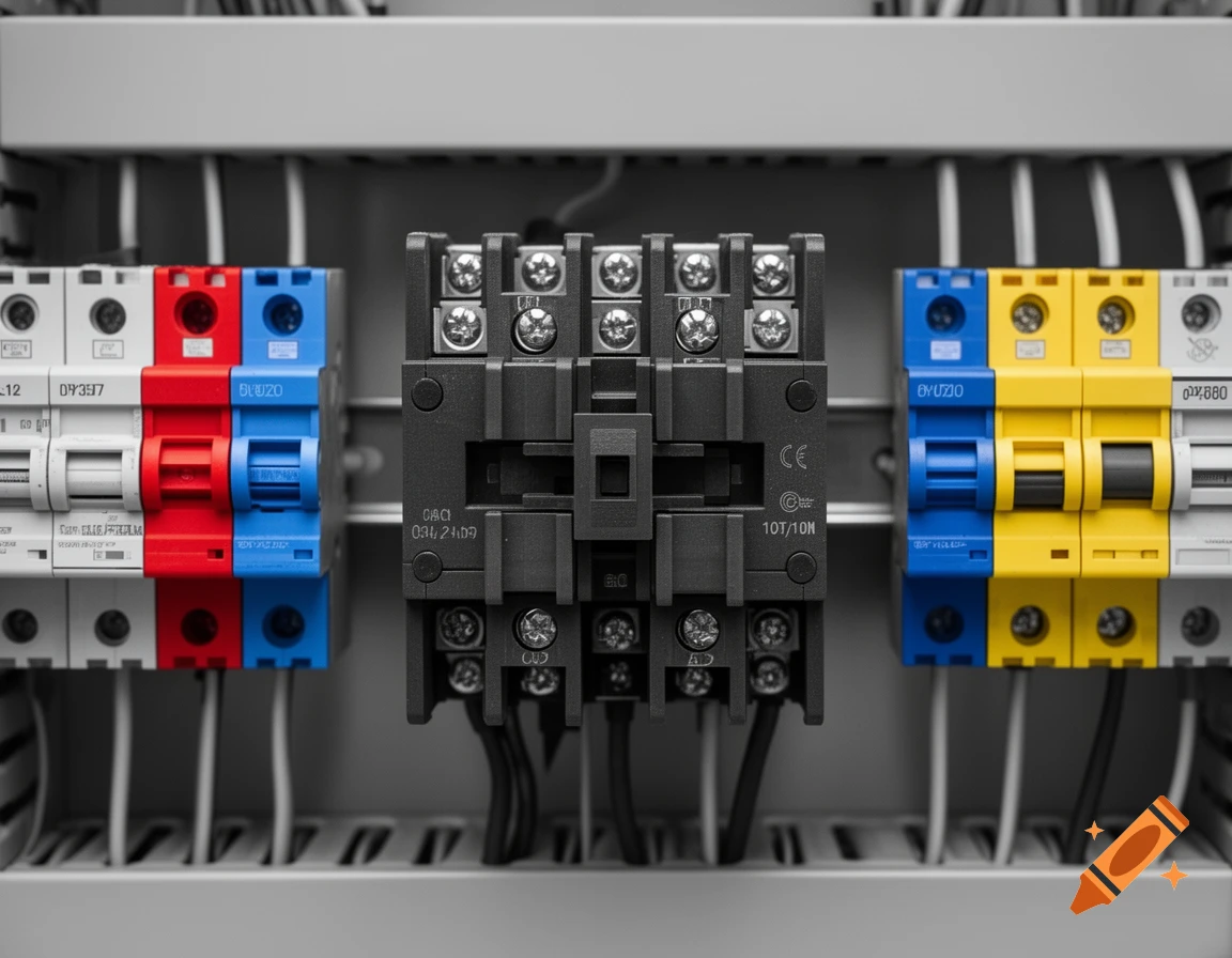 Close-up of an electrical panel with a black contactor in the center, flanked by colorful circuit breakers in red, blue, and yellow.