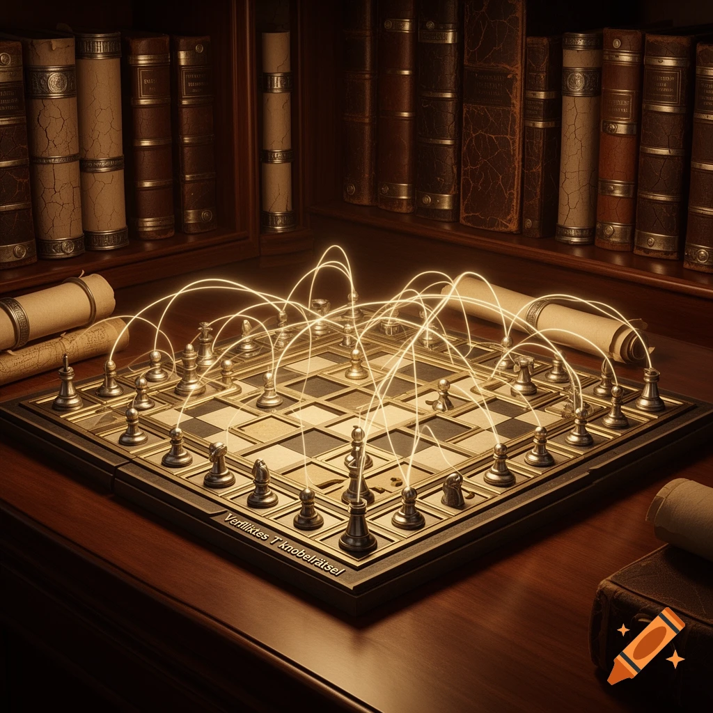 A gold and silver chessboard with glowing lines connecting pieces, set on a wooden desk with ancient books.