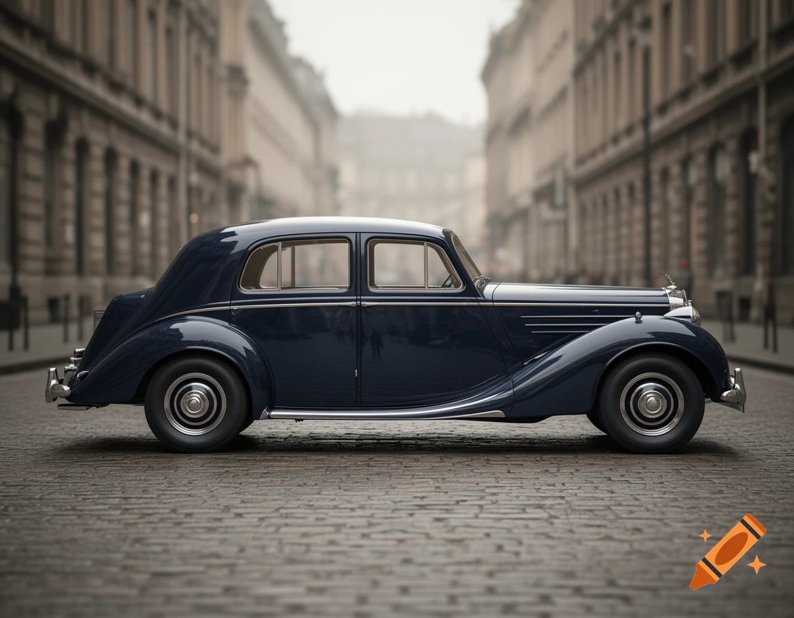 A dark blue vintage car with chrome accents is parked on a cobblestone street with blurred old buildings in the background.
