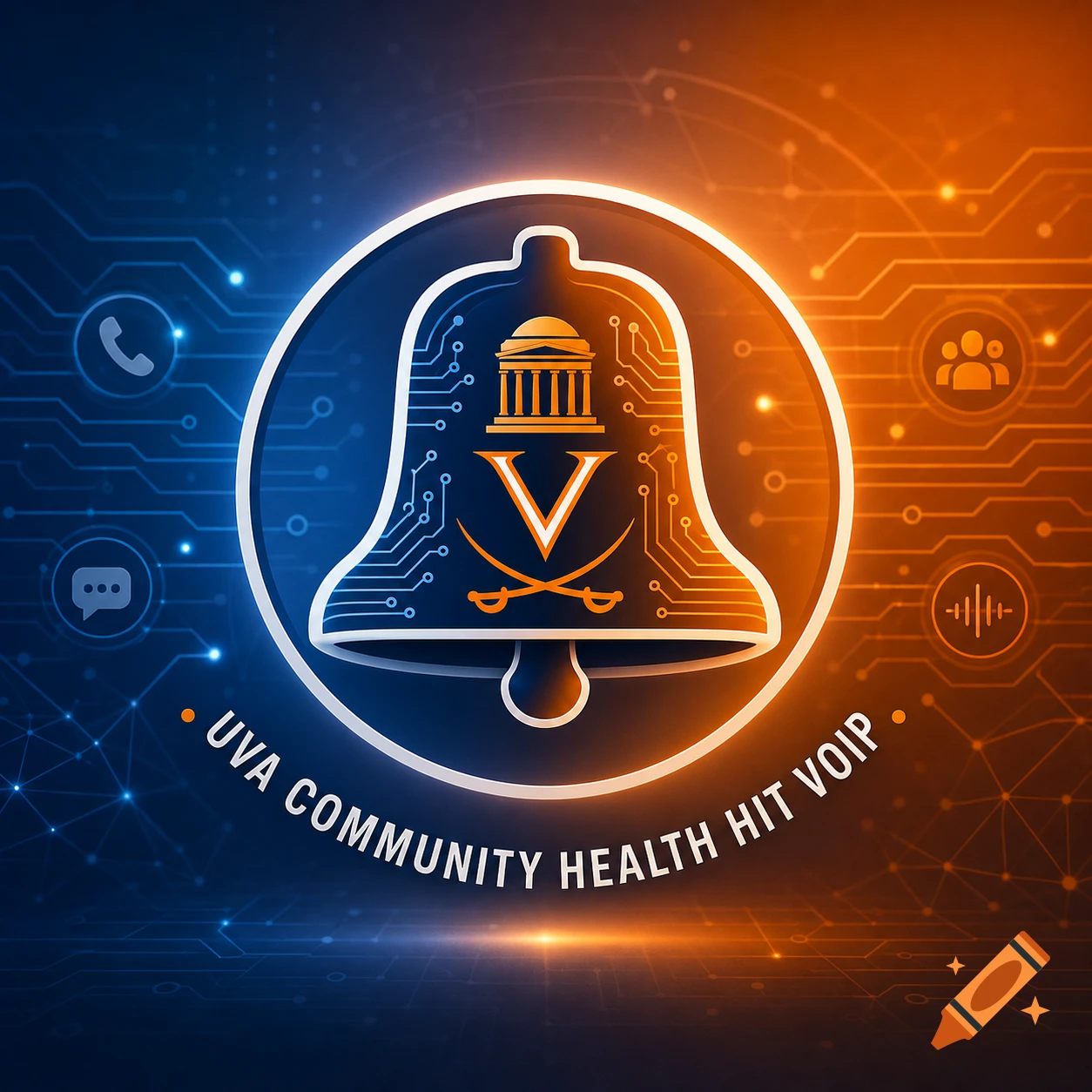 A glowing white bell logo with an orange 'V' and crossed swords inside, against a blue and orange circuit board background, with the text 'UVA COMMUNITY HEALTH HIT VOIP' encircling it.