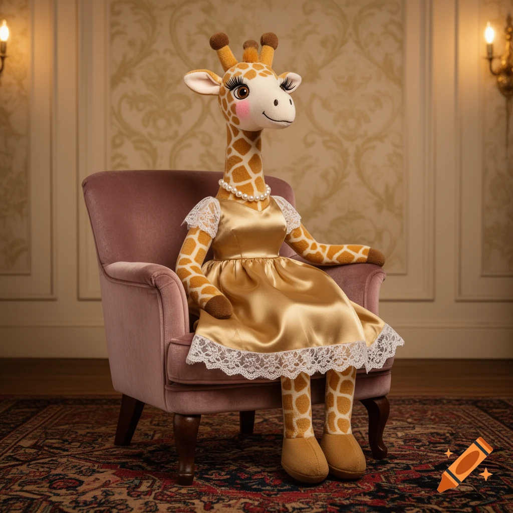 A plush giraffe in a gold dress and pearl necklace sits in a velvet armchair, against an elegant patterned wallpaper.
