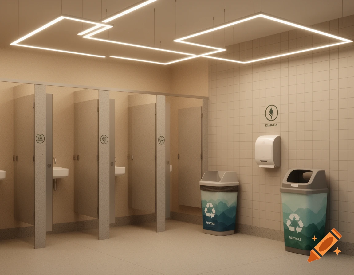 A modern, beige-tiled school bathroom with multiple stalls, sinks, bright rectangular ceiling lights, and two recycle bins with green and blue mountain patterns.