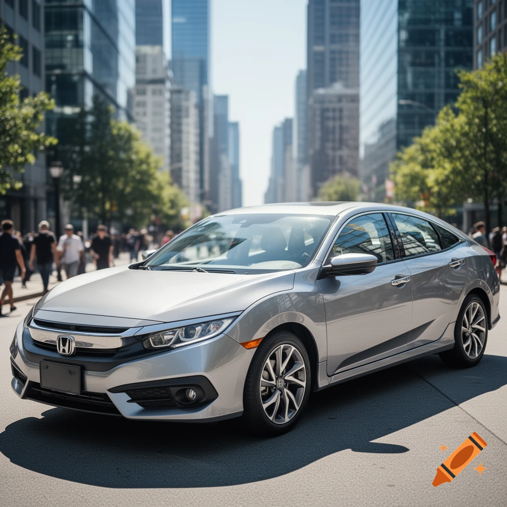 A silver Honda Civic sedan is parked on a city street with tall buildings and pedestrians in the background on a sunny day.
