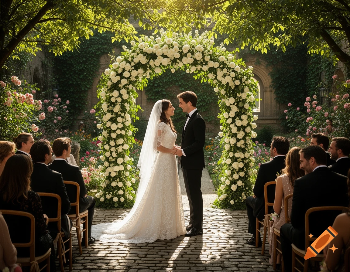 Photorealistic image of a bride and groom holding hands under a white floral arch at an outdoor garden wedding.